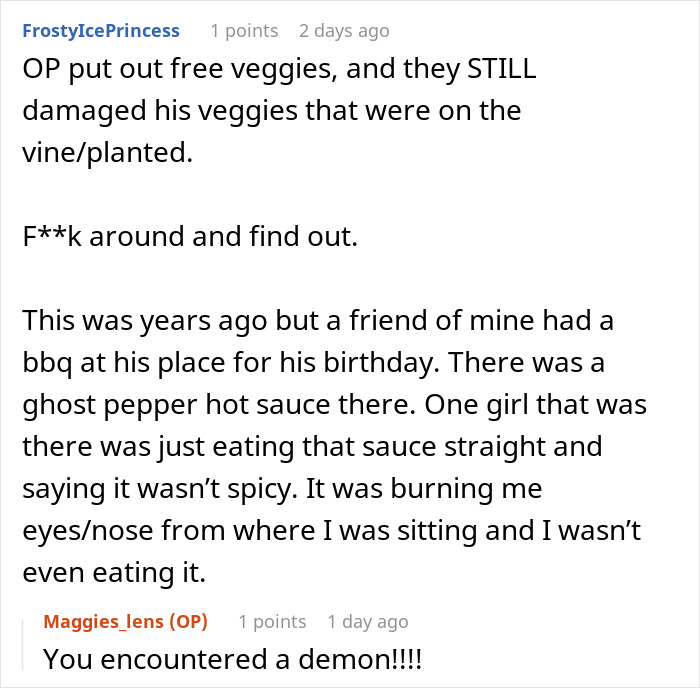 Text conversation about a woman’s hot revenge on neighborhood kids, showing mixed feelings of laughter and guilt.