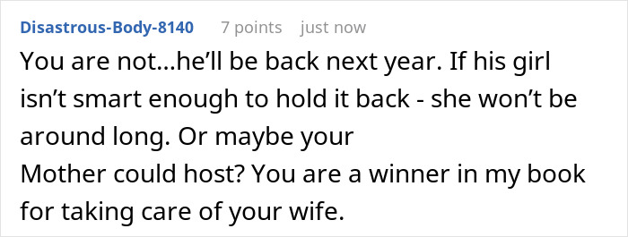 Comment on a forum about a man drawing a line after bro's girlfriend mocks his wife during Thanksgiving.