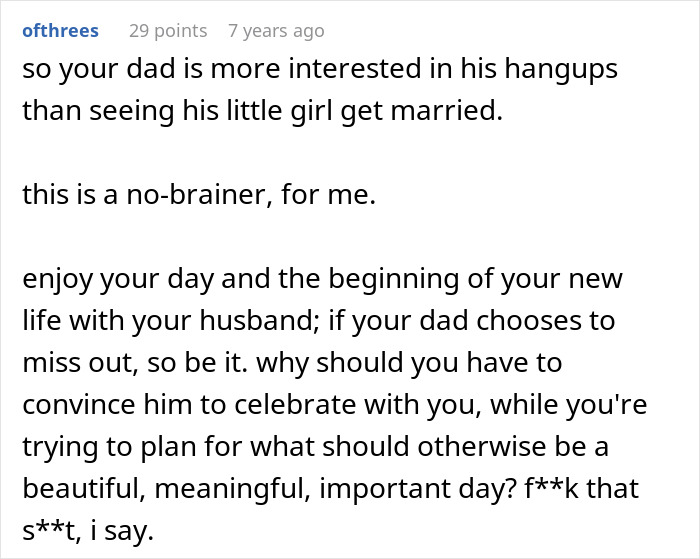 Comment expressing frustration over bride&rsquo;s father refusing to attend wedding not on American soil, focusing on family and celebration.