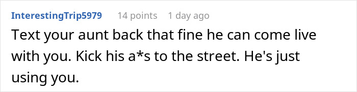 Screenshot of a Reddit comment advising to kick out a guy who mooched off his cousin and refused to pay rent.