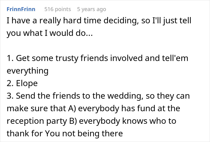 Alt text: Advice on how a couple can handle wedding sabotage by parents days before the ceremony with friends and eloping options