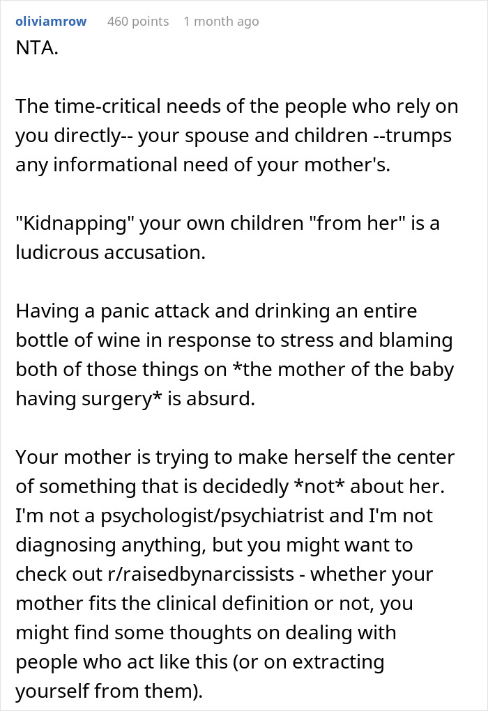Screenshot of an online comment discussing a mother accusing daughter of kidnapping after no updates during child’s procedure. Screenshot of an online comment discussing a mother accusing daughter of kidnapping after no updates during child’s procedure.