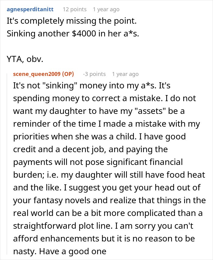 Reddit conversation showing a single mom defending spending thousands on plastic surgery despite criticism and financial concerns. Reddit conversation showing a single mom defending spending thousands on plastic surgery despite criticism and financial concerns.