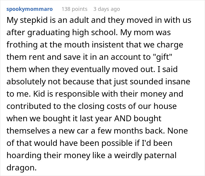 Reddit comment about stepkid’s mom insisting on charging rent and saving it in an account under the guise of gifting later.