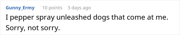 Comment text discussing pepper spraying unleashed dogs during a dispute involving HOA board member pet ownership rules. Comment text discussing pepper spraying unleashed dogs during a dispute involving HOA board member pet ownership rules.