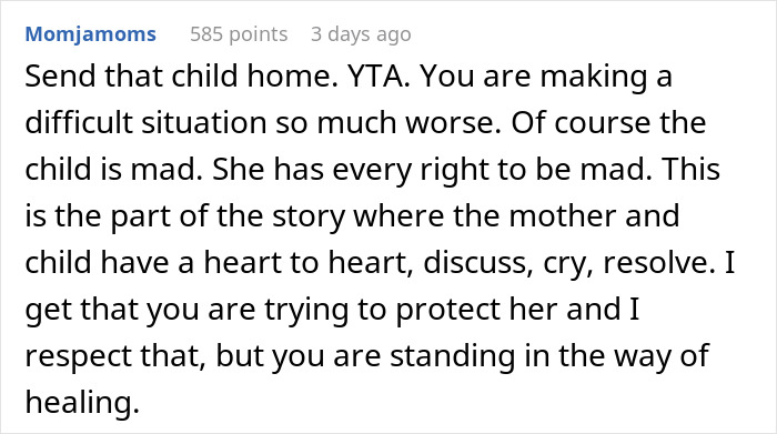 Comment discussing a mother’s work trip turned vacation and her autistic child refusing to go home due to feelings.