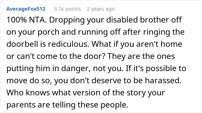 Comment discussing boundary setting about disabled brother’s care after latest drop-off incident on online forum. Comment discussing boundary setting about disabled brother’s care after latest drop-off incident on online forum.