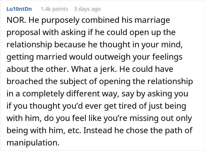 Comment discussing a guy’s open marriage proposal and his girlfriend walking away after he drops to one knee with a ring. Comment discussing a guy’s open marriage proposal and his girlfriend walking away after he drops to one knee with a ring.