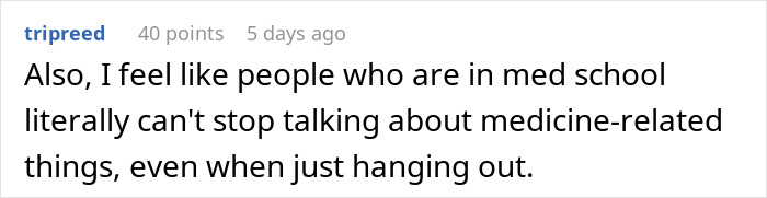 Screenshot of a comment discussing suspicion about someone lying about attending medical school and related behavior.