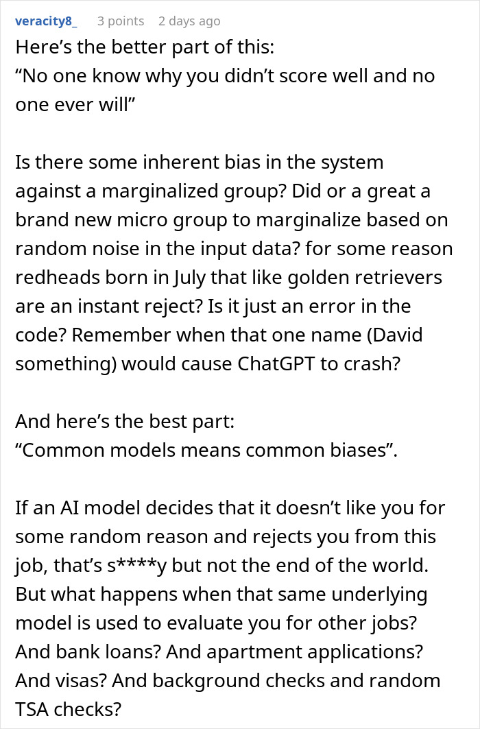 Comment discussing biases and errors in AI-scored job interview real-time systems impacting marginalized groups. Comment discussing biases and errors in AI-scored job interview real-time systems impacting marginalized groups.