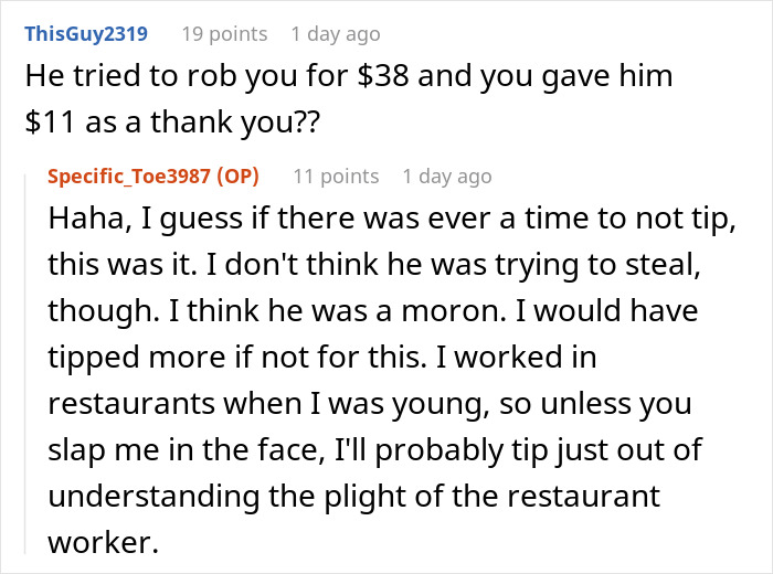 Reddit conversation about a waiter assumed $40 change was a tip, discussing tipping and restaurant worker experiences. Reddit conversation about a waiter assumed $40 change was a tip, discussing tipping and restaurant worker experiences.