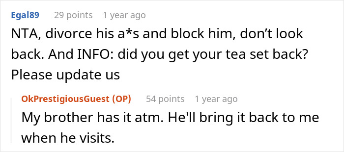 Screenshot of an online discussion about a man ruining his marriage by stealing his wife’s tea set and giving it to his niece. Screenshot of an online discussion about a man ruining his marriage by stealing his wife’s tea set and giving it to his niece.