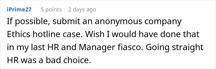 Screenshot of a user comment advising to submit an anonymous ethics hotline case involving HR and management issues.