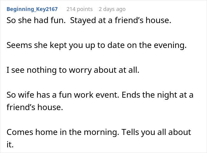 Comment text about a woman going to a gala with a client as her date, raising husband’s questions. Comment text about a woman going to a gala with a client as her date, raising husband’s questions.