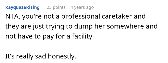 Comment discussing BIL trying to dump grandma on wife’s siblings, with sister called selfish for refusing care. Comment discussing BIL trying to dump grandma on wife’s siblings, with sister called selfish for refusing care.