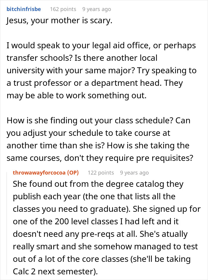 Text conversation about a daughter’s class schedule, legal advice, and dealing with a controlling parent’s interference.