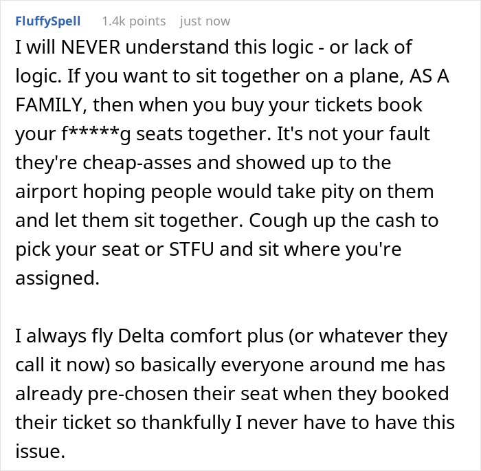Reddit comment criticizing rude family trying to bully lady out of plane seat and coworkers calling her a villain. Reddit comment criticizing rude family trying to bully lady out of plane seat and coworkers calling her a villain.