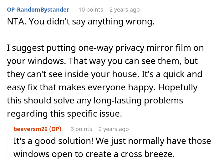 Reddit discussion suggesting privacy window film as a solution for neighbor blaming woman wanting privacy and kids peeking through windows. Reddit discussion suggesting privacy window film as a solution for neighbor blaming woman wanting privacy and kids peeking through windows.