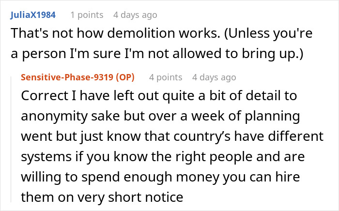 Screenshot of an online forum discussion about planning a house ride with entitled brother and related demolition concerns. Screenshot of an online forum discussion about planning a house ride with entitled brother and related demolition concerns.