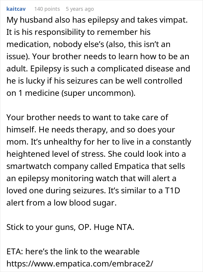 Comment discussing care for a brother with nocturnal epilepsy, medication responsibility, and seizure alert smartwatches.
