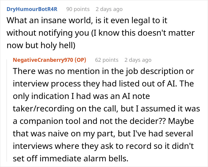 Reddit conversation discussing concerns about AI scored job interview real-time use and lack of prior notification. Reddit conversation discussing concerns about AI scored job interview real-time use and lack of prior notification.