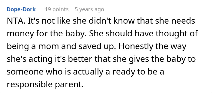 Screenshot of a Reddit comment discussing a woman who can’t afford her miracle baby and asks half-brother to adopt it.