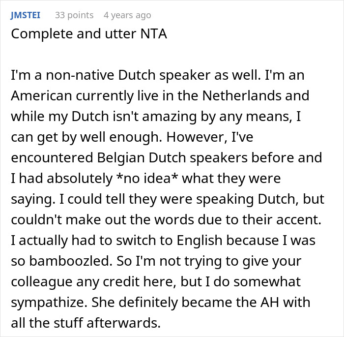 Woman embarrasses new colleague by speaking in a language she claimed to know well in a workplace conversation. Woman embarrasses new colleague by speaking in a language she claimed to know well in a workplace conversation.