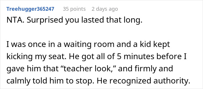Screenshot of a Reddit comment sharing an experience with a disruptive kid and authority in a waiting room. Screenshot of a Reddit comment sharing an experience with a disruptive kid and authority in a waiting room.