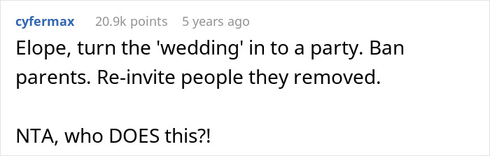 Text post on a forum discussing a couple whose wedding was sabotaged by parents days before the ceremony.