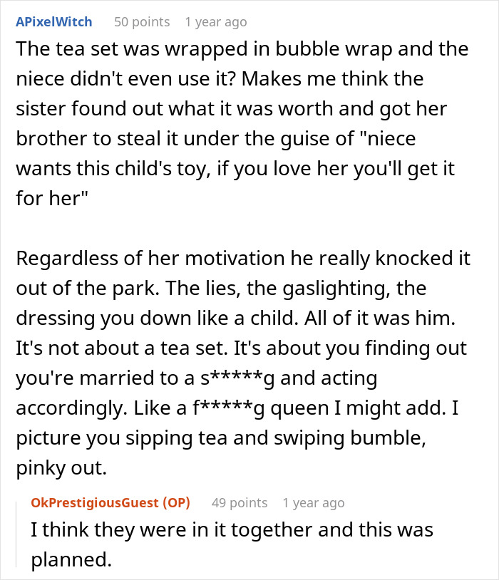 Reddit comments discussing a man stealing his wife’s tea set and the impact on his marriage and family trust. Reddit comments discussing a man stealing his wife’s tea set and the impact on his marriage and family trust.