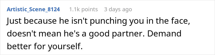 Screenshot of a social media comment advising to demand better from a partner in a relationship involving financial favors.