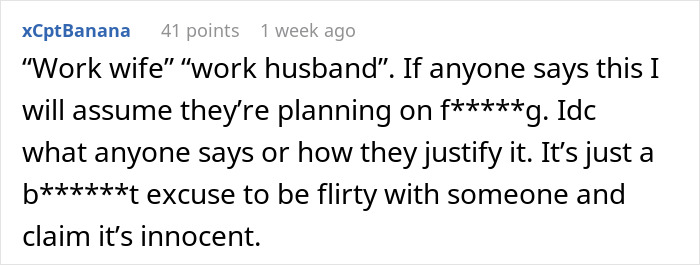 Screenshot of an online comment criticizing the concept of a work wife and its flirtatious implications. Screenshot of an online comment criticizing the concept of a work wife and its flirtatious implications.