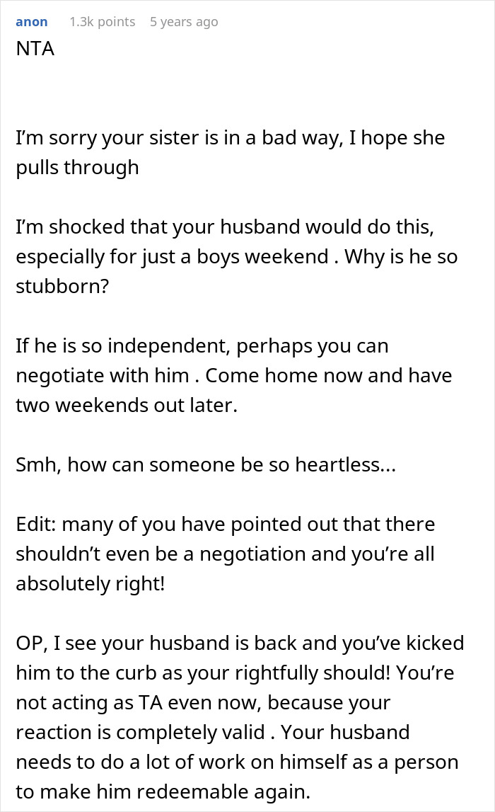 Reddit comment expressing shock at husband using boys trip as a disguise for affair and refusing to come home for family emergency. Reddit comment expressing shock at husband using boys trip as a disguise for affair and refusing to come home for family emergency.