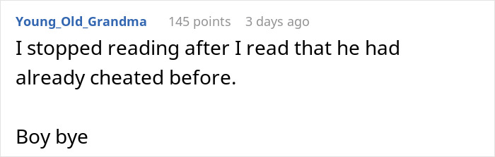 Comment on forum about a serial cheater caught as fiancée discovers another woman’s hair while cleaning.