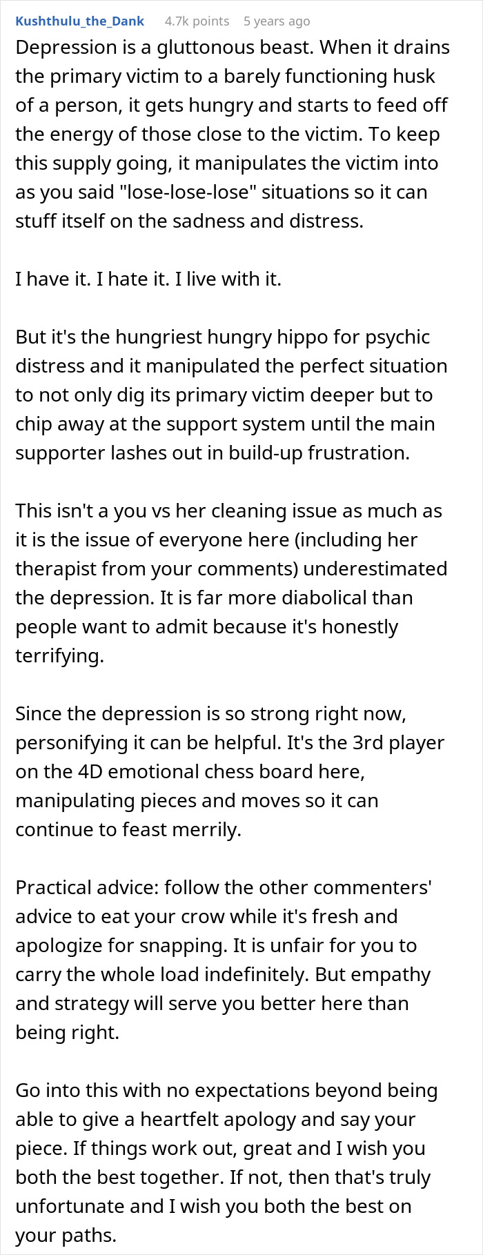 Comment explaining depression as a gluttonous beast affecting the victim and their support system, discussing psychic distress and empathy. Comment explaining depression as a gluttonous beast affecting the victim and their support system, discussing psychic distress and empathy.