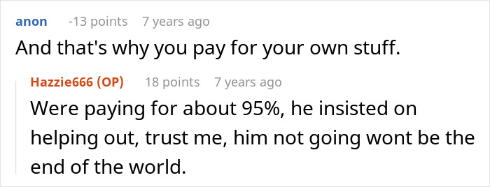 Screenshot of an online discussion about a bride&rsquo;s father refusing to attend wedding not on American soil.