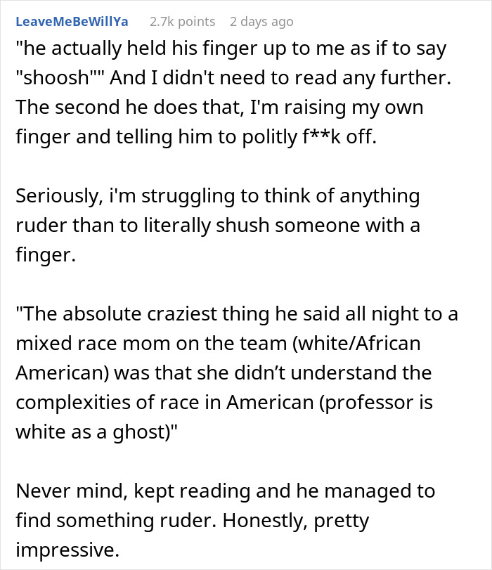 Screenshot of a Reddit comment describing an obnoxious dinner guest husband being rude and dreadful during a conversation. Screenshot of a Reddit comment describing an obnoxious dinner guest husband being rude and dreadful during a conversation.