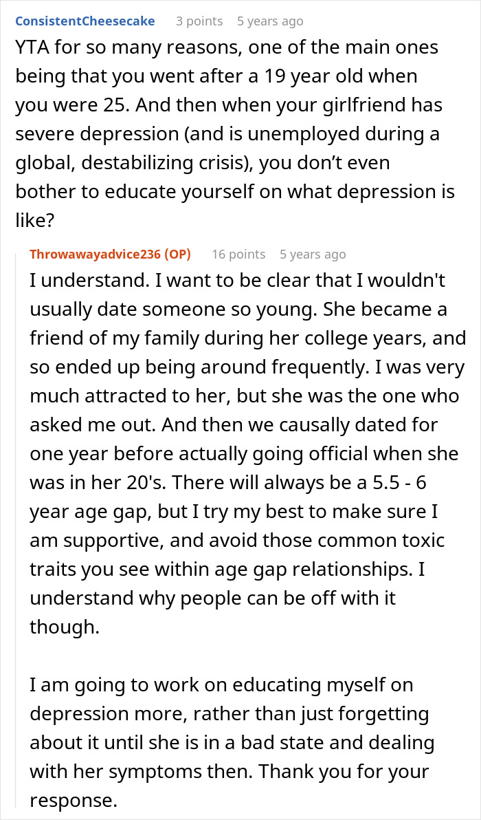 Reddit conversation about depression and relationship challenges with a significant age gap, addressing mental health and support. Reddit conversation about depression and relationship challenges with a significant age gap, addressing mental health and support.