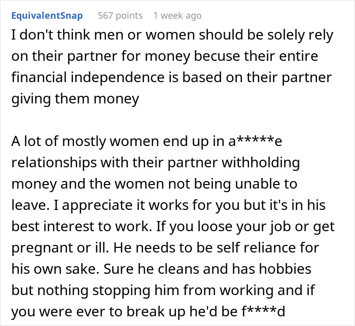 Text post discussing concerns about women funding stay-at-home boyfriends and the need for financial independence.