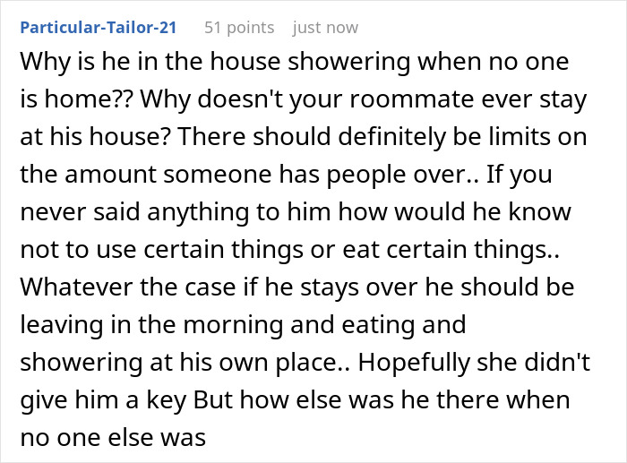 Text conversation discussing a woman horrified by roommate’s boyfriend using her fancy products and refusing to let him stay. Text conversation discussing a woman horrified by roommate’s boyfriend using her fancy products and refusing to let him stay.