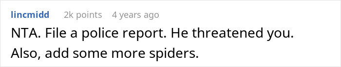 Screenshot of an online comment urging the couple to file a police report after neighbor threatened them over Halloween decor.