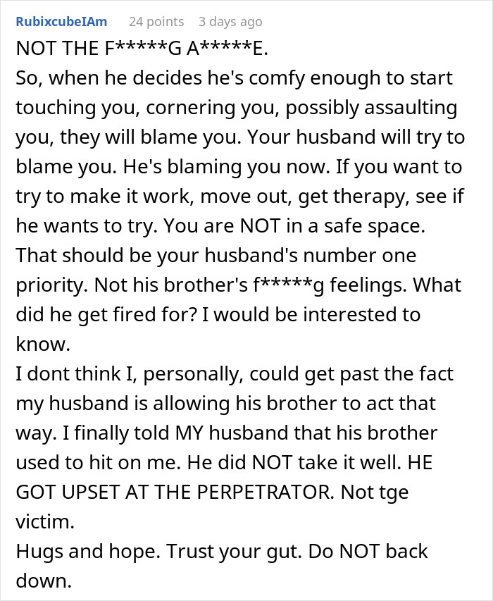 Comment expressing concern about relationship safety and husband blaming wife amid creepy BIL family conflict. Comment expressing concern about relationship safety and husband blaming wife amid creepy BIL family conflict.