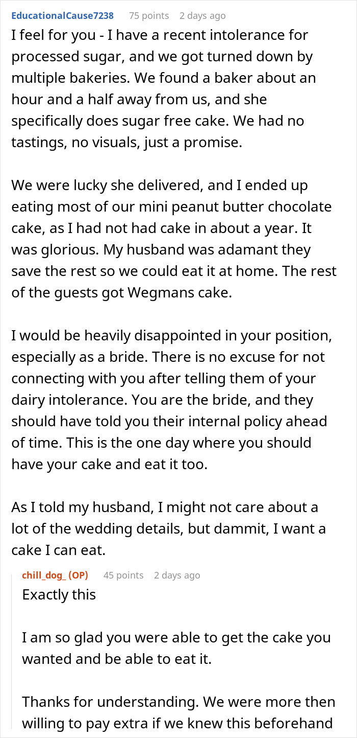 Screenshot of a forum discussion about wedding vendors and issues with cupcakes due to the bride's allergy. Screenshot of a forum discussion about wedding vendors and issues with cupcakes due to the bride's allergy.