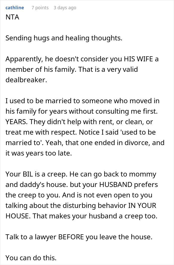 Commenter shares advice to wife removing wedding ring after family supports creepy brother-in-law. Commenter shares advice to wife removing wedding ring after family supports creepy brother-in-law.