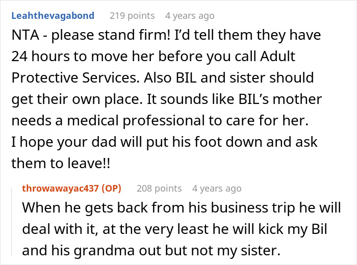 Reddit conversation about BIL trying to dump grandma on wife’s siblings and sister called selfish for refusal. Reddit conversation about BIL trying to dump grandma on wife’s siblings and sister called selfish for refusal.