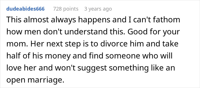 Comment about open marriage regrets and advice for divorce, highlighting issues with average 41YO husband and hot 39YO wife.