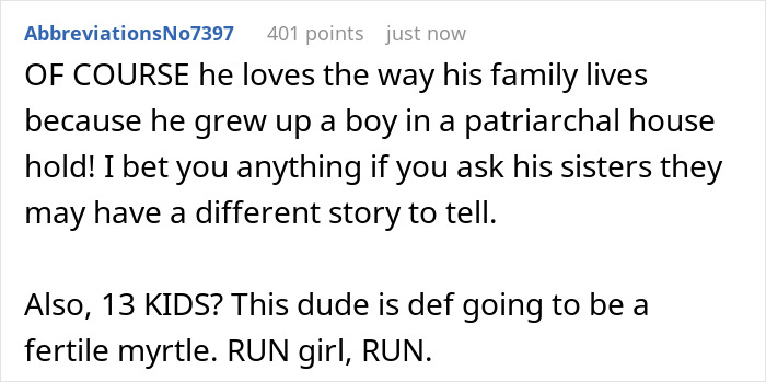 Comment discussing family expectations and challenges faced by a boyfriend raised in a patriarchal household.