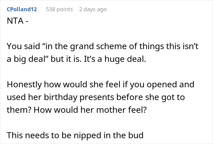 Screenshot of a Reddit comment discussing a 13-year-old opening and using stepsister&rsquo;s birthday gifts without permission.