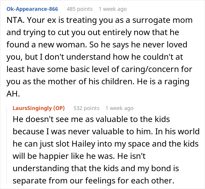 Reddit discussion on kids preferring bio mom over stepmom and dad struggling with ex's role for infertile wife.