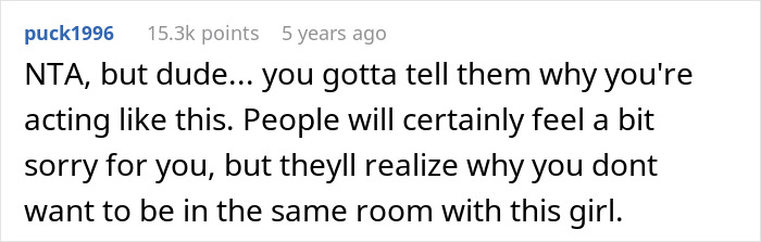 Commenter puck1996 explaining why someone avoids being in the same room with their ex-fiancé after a reconciliation attempt. Commenter puck1996 explaining why someone avoids being in the same room with their ex-fiancé after a reconciliation attempt.